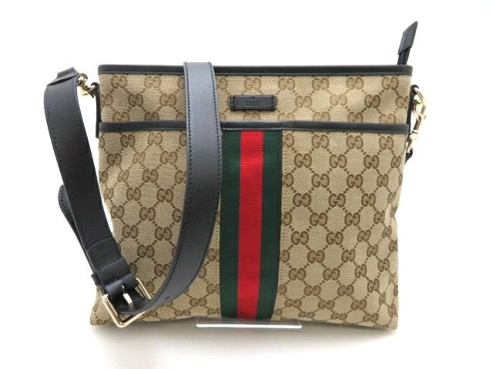 Gucci Shoulder Bag Sherry Canvas Calfskin Beige Cream Brown